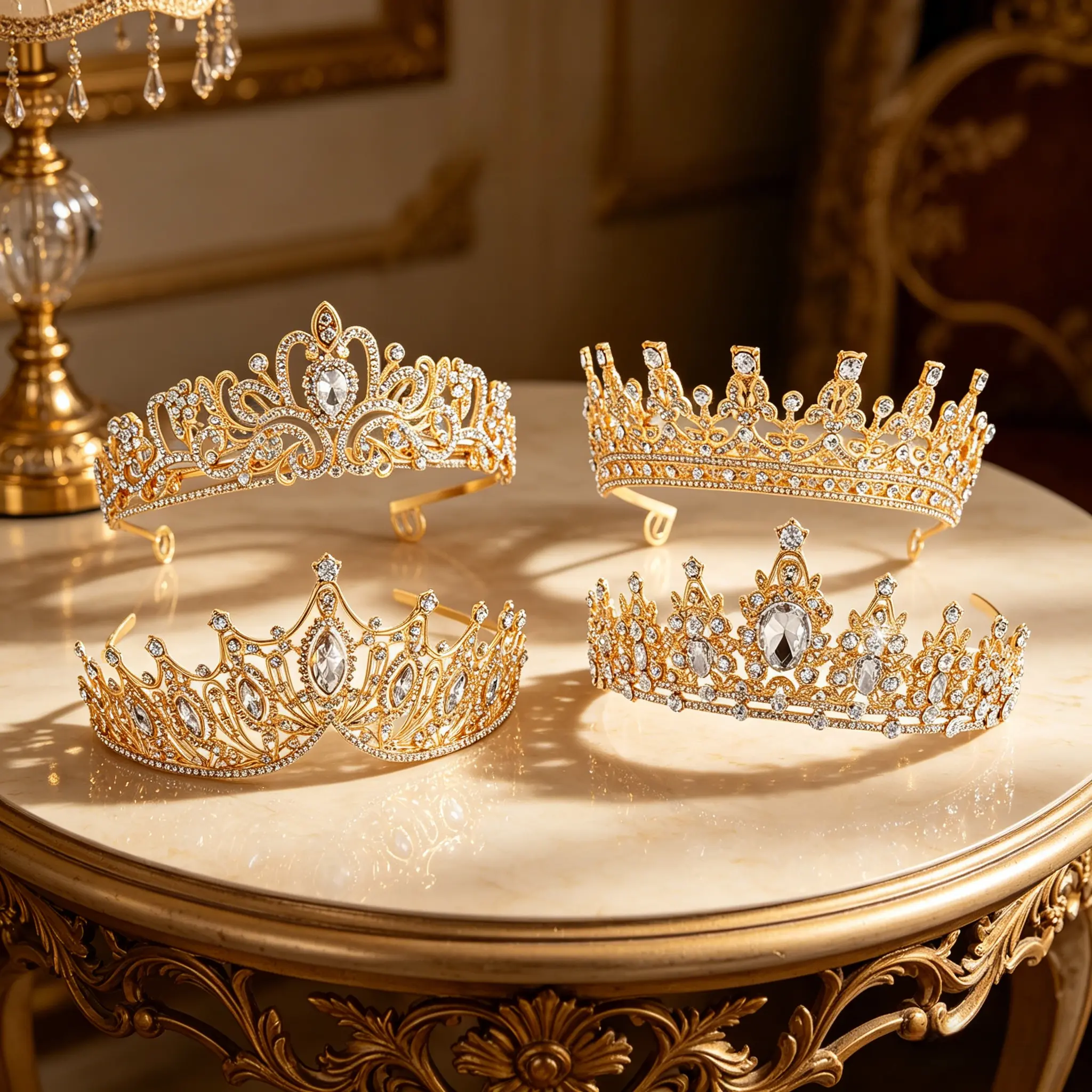 Women's 4-Pack Glamorous Plain Gold Solid Alloy for Durability Rhinestone Hair Crowns - Female Bridal Hair Accessories, Lightweight Cap Headpieces with/without Combs for Weddings, Birthdays
