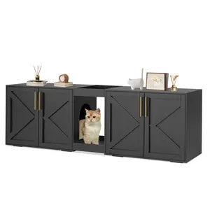 Dual Cat Litter Box Enclosure, Large Litter Box Cabinet for 2 Cats with Soft Cushion, Open Storage Shelf, Modern Wooden Enclosed Cat Box Furniture for Living Room