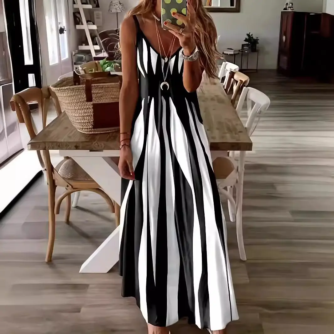 Stripe Sleeveless Spaghetti Strap Maxi Nightdress, Comfortable Casual Fitted Sleepwear for Women, Stylish Long Loungewear Dress for Bedroom, Soft Fabric Evening Gown, Summer Sleepwear
