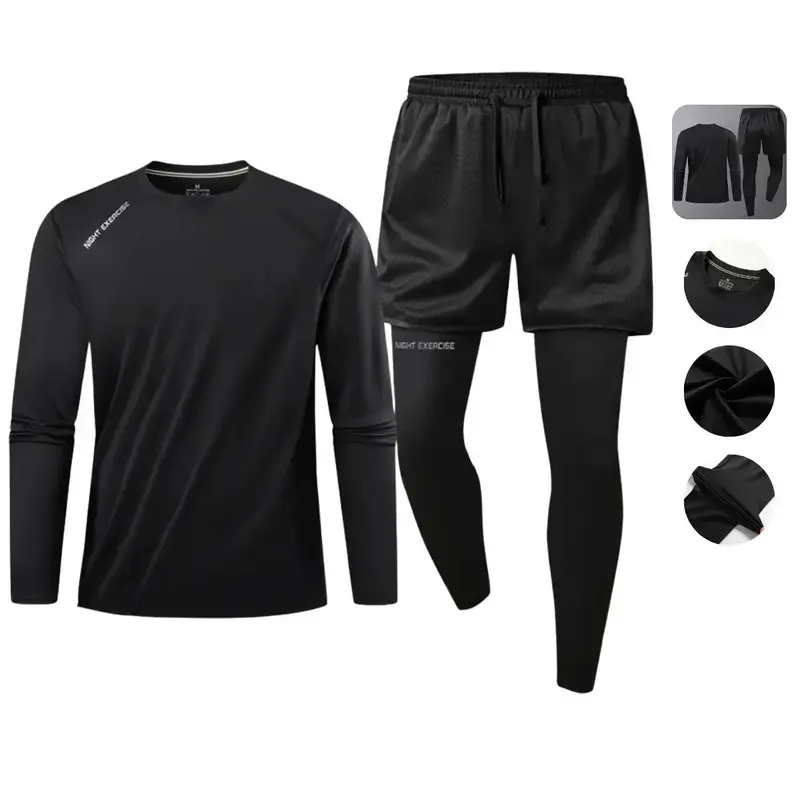 Men’s two-piece athletic set: long-sleeve sports sweatshirt + breathable mesh quick-dry shorts, featuring reflective stripes and an adjustable drawstring waistband, suitable for outdoor training.