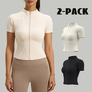 2-Piece Set Women’s High Stretch Slim-Fit Short Sleeve Yoga Jacket – Buttery-Soft Nude-Feel Running Workout Top