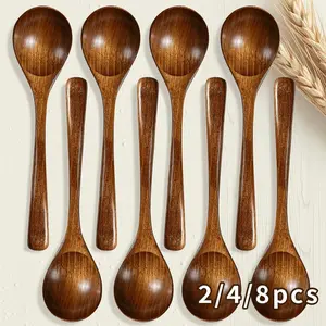 Natural Eco-Friendly Sustainable Wooden Cutlery Spoon Set 2/4/8pcs, Multi-Purpose Durable Reusable for Soup Stirring Desserts, Home Party Use