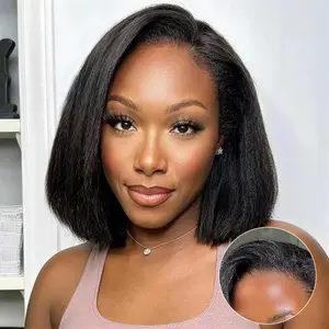 Celie Hair Kinky Straight Bob 3 In 1 Half Wig Invisible Hairline 180% Density Wear Go Glueless Wig Seamless Flip Over Human Hair Wigs Blowout Hair Beginner Friendly
