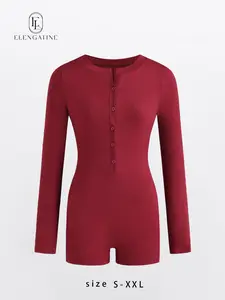 Elengatine Viral Red Ribbed Romper for Women | Deep V Button Front Long Sleeve Bodysuit Shorts | Lightweight & Breathable Stretch Fabric, Curve-Hugging and Sexy | Perfect for Spring Summer Outfits, Beach Walks, Vacation, Date Night, TikTok USA Trends