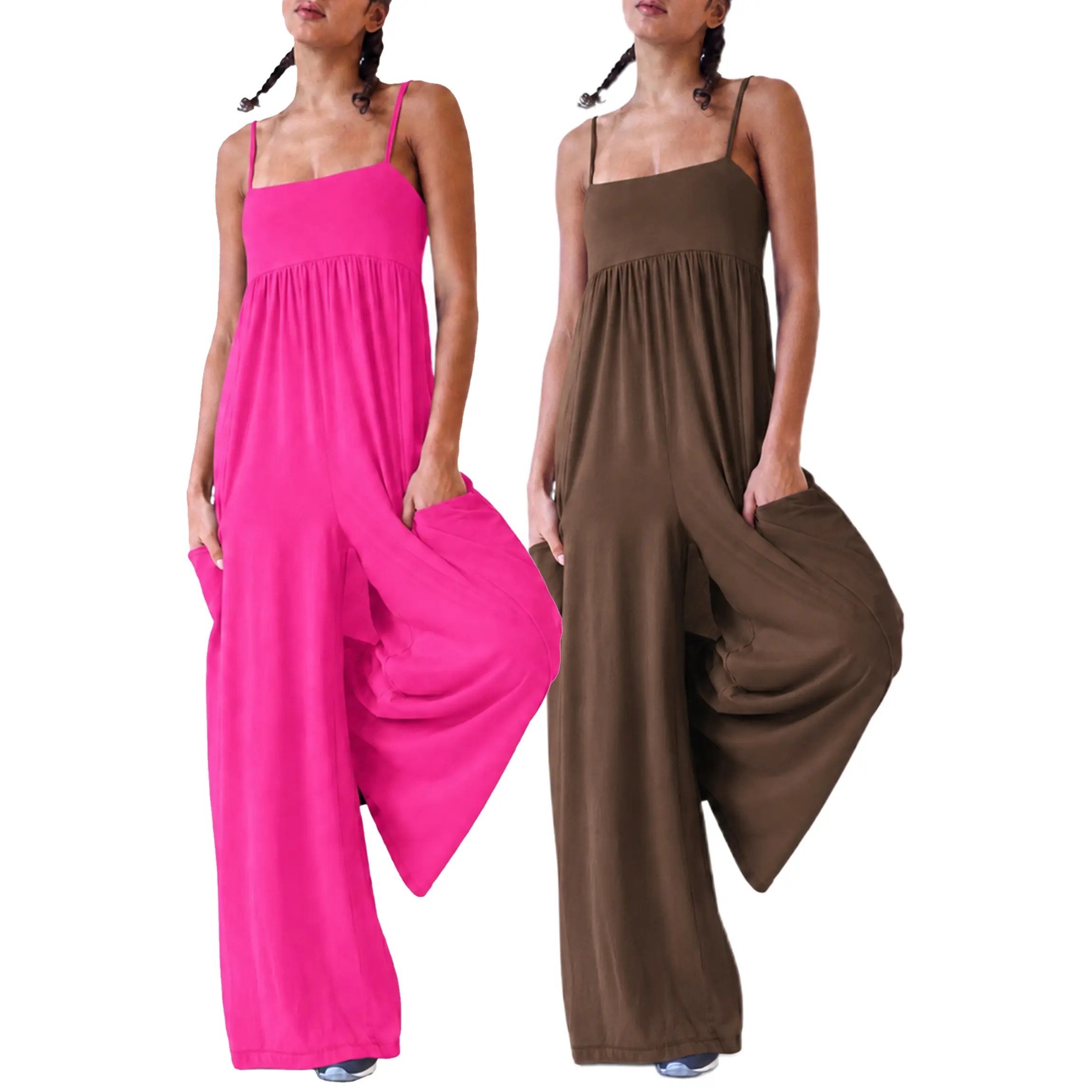 Wandal Women Square Neck Shirred Back Wide Leg Jumpsuit Adjustable Thin Strap Soft  Pocket Ankle Length One Piece Outfit For Brunch Office Vacation