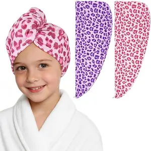 2 Pack Microfiber Hair Towel Wrap for Girls, Quick Dry Kids Hair Turban, Absorbent Frizz-Free Drying Towel with Button for Long Thick Curly Hair, Purple Pink Leopard