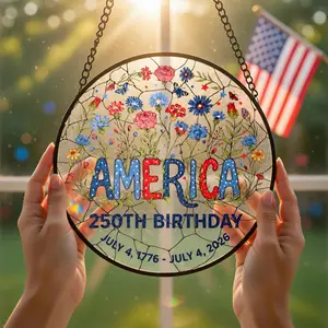 USA 250 Years Acrylic Suncatcher – Patriotic Floral Window Hanging, 4th of July 2026 Decor, American Anniversary Gift