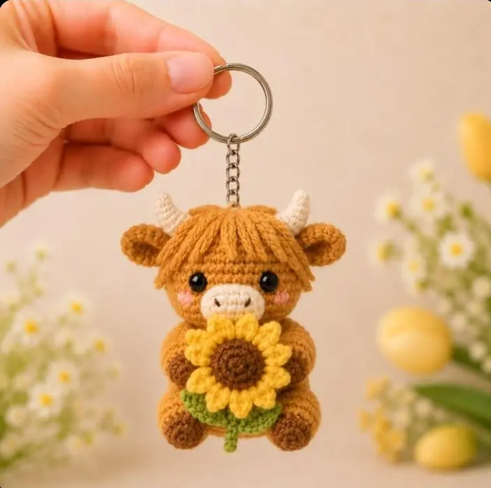 Crochet Highland Cow Keychain with Sunflower, Handmade Amigurumi Cow Bag Charm, Cute Animal Keyring, Gift for Her