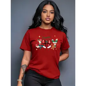 Women's Cotton Printed Short-Sleeve Basic Tee - Round Neck, Bowknot Gingerbread Man Graphic, Smooth Fabric, Soft, Breathable, Machine-Washable, Fitted Casual Top for Spring, Summer