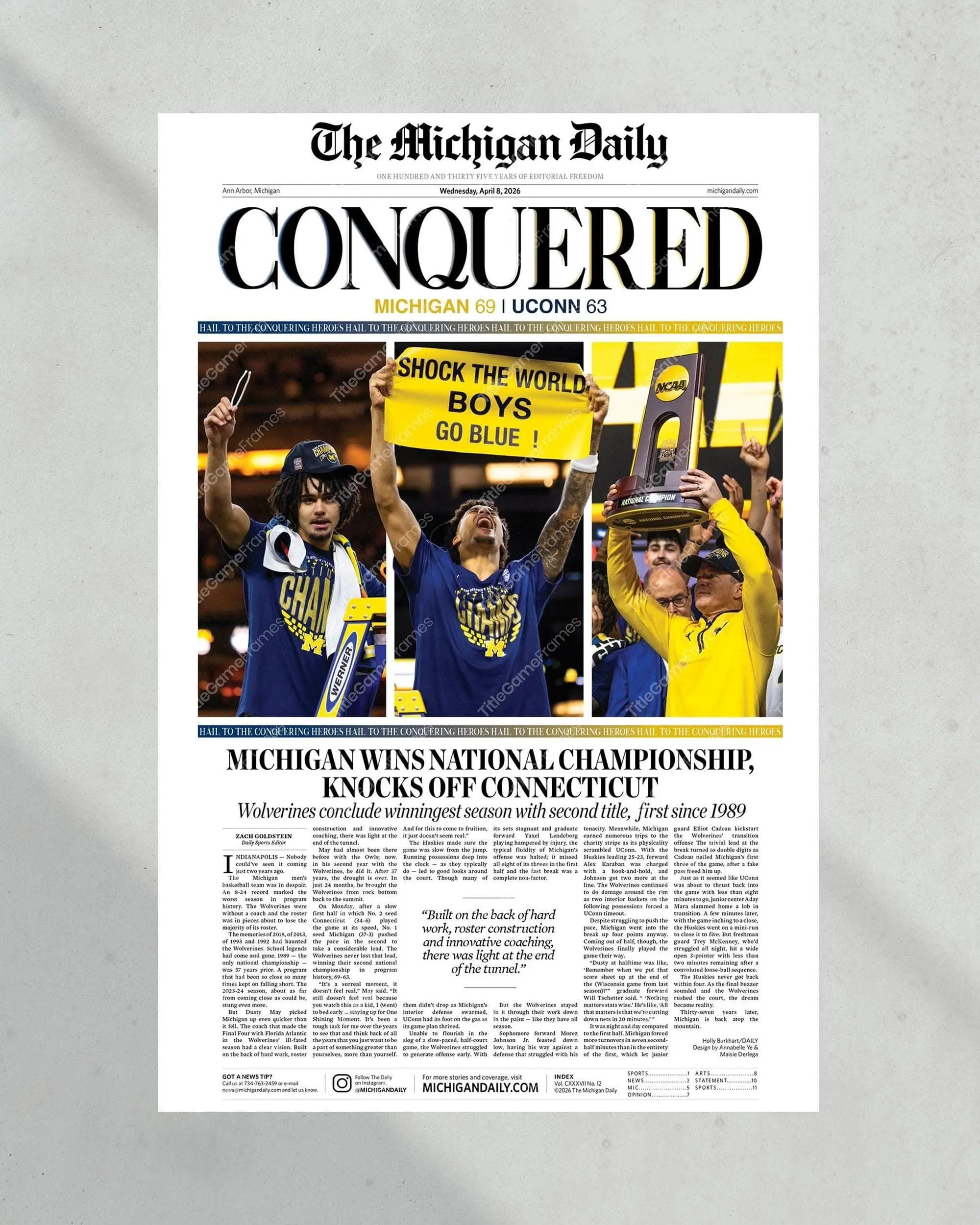 2026 Michigan Wolverines �CONQUERED� National Championship Poster( Unframed - Print Only )