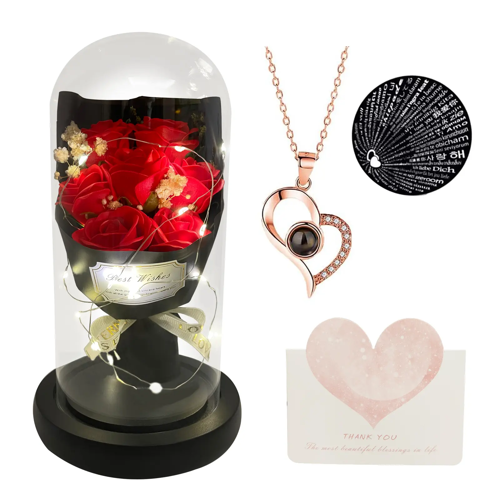 Preserved Real Rose in Glass Dome - Handmade Craft Bouquet Necklace with Heart "I Love You" Pendant, Twinkle Lights, Floral Home Decor, Romantic Jewelry for Women Valentine's Day Anniversary Gift, Unique Gift