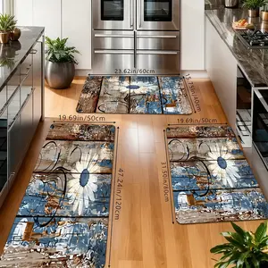 Farmhouse Daisy Kitchen Rugs Set, Non-Slip Washable Floor Mats, Rustic Wood Board & Blue Background Runner Carpets for Kitchen, Laundry Room, Bathroom & Farmhouse Decor