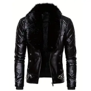 Men'S Detachable Fur-Collared Jacket, Suitable for Middle Eastern Styles. Menswear Coats Polyester Stretch Tops Fabric  Zipper Black Knife Wetsuit Long Sleeve