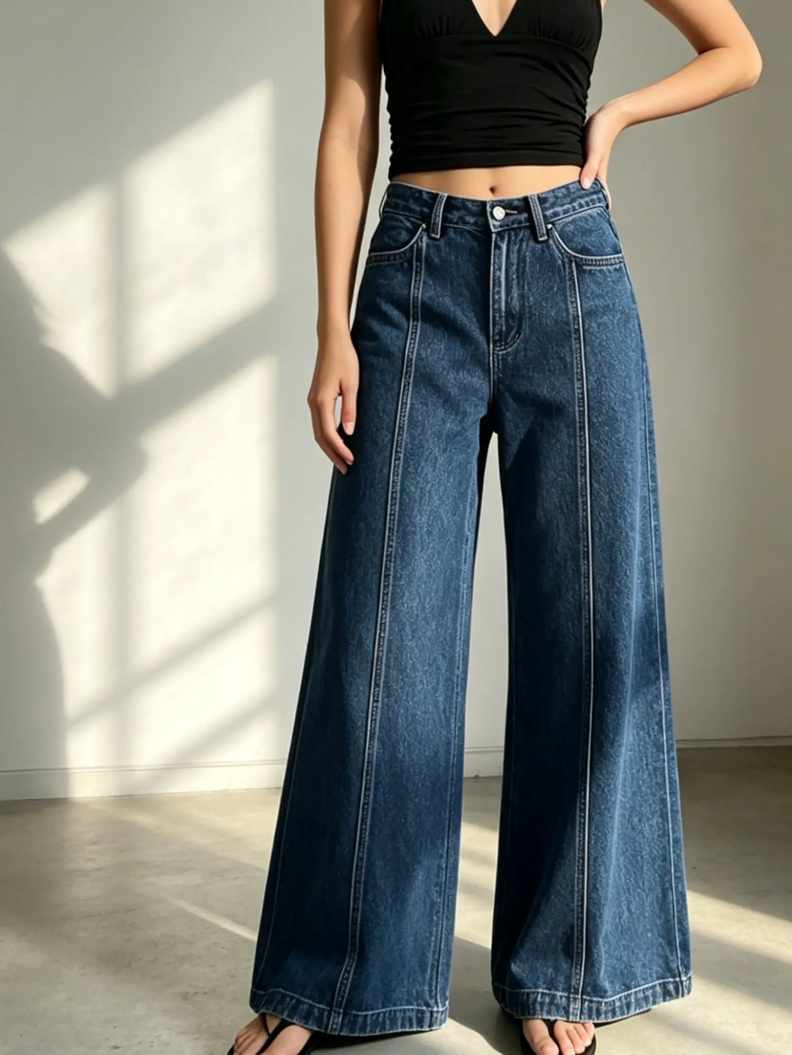 Women's Vintage Solid Color Loose Fit Wide-Leg Denim Bottoms, Woven Fabric Trousers for Party, Casual Wear - Womenswear Pants