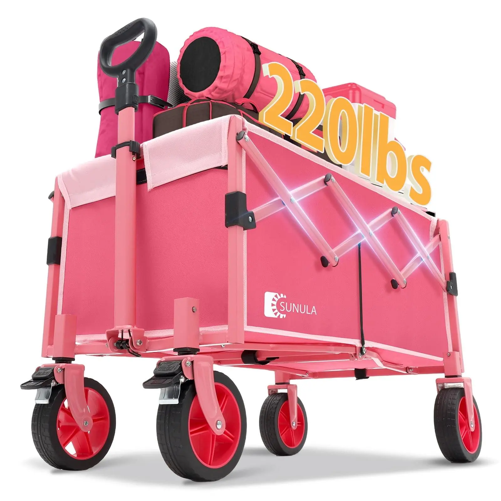 Sunula Collapsible Wagon Cart Foldable Lightweight Wagon with Brake Wheels, 220LBS Weight Capacity Portable Folding Garden Grocery Shopping Cart for Camp Sports Beach Outdoor