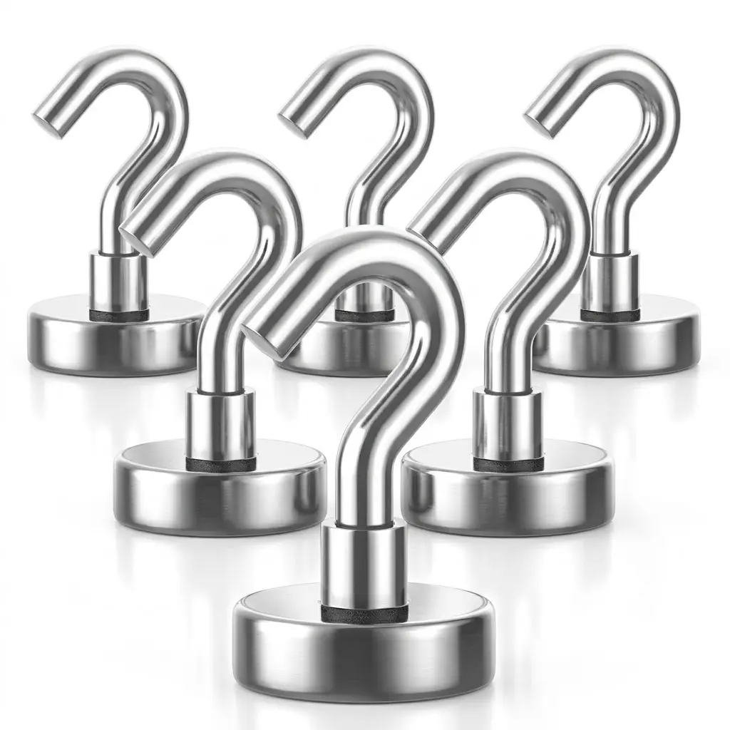 Magnetic Hooks Heavy Duty, 110 lbs Strong Magnet Hooks for Hanging, Magnet with Hook for Cruise, Refrigerator, Pack of 6 Wall Mounted Holder Wall Mount Compatible Organiser Multicolor Stainless Steel Bracket Sturdy Bracket
