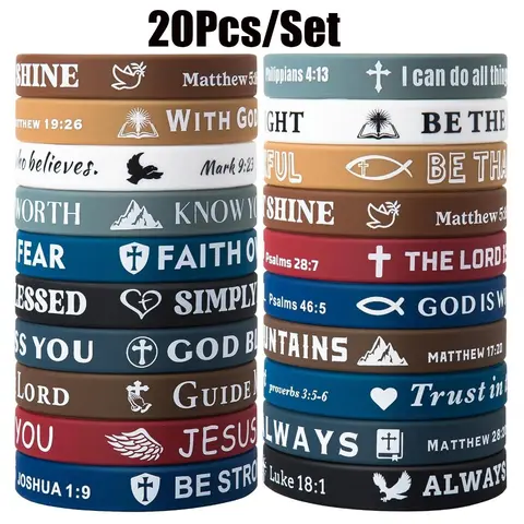 Unisex 20-Piece Christian Bible Verses Silicone Wrist Straps Set - All-Seasons Inspiring Religious Faith Arm Bands, Costume Jewelry Bracelets for Male & Female Gifts