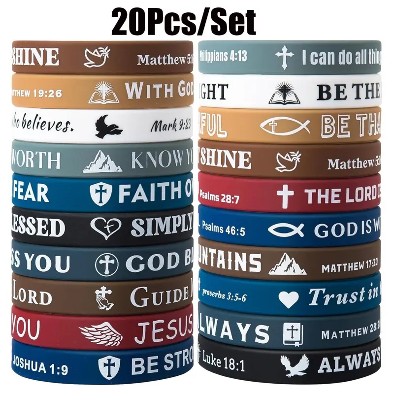 Unisex 20-Piece Christian Bible Verses Silicone Wrist Straps Set - All-Seasons Inspiring Religious Faith Arm Bands, Costume Jewelry Bracelets for Male & Female Gifts
