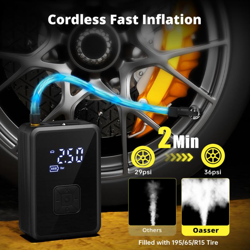 Oasser Fast Wireless Tire Inflator, Mini Portable High-Pressure Car Air Compressor 150 PSI, USB-C Rechargeable, Auto Stop Modes, Long Lasting Battery