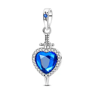 MULA Deep Blue Heart Gemstone and Dagger Pendant, S925 Sterling Silver with Shiny CZ, can be matched with Pandora bracelets and necklaces, a romantic gift for women and girls