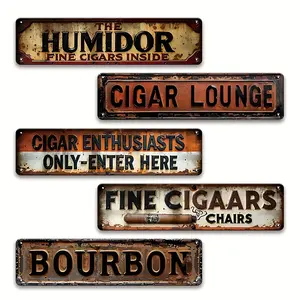 Humidor Vintage Cigar Lounge 5pcs Metal Sign Set 16"x4" Retro Wall Decor 2D Flat Printing for Home, Room, Bathroom, Bar, Cafe, Garage, Outdoor - Iron farmhouse  home  decor beer lover creative small gift Brown 4X16 Inch(10×40Cm)