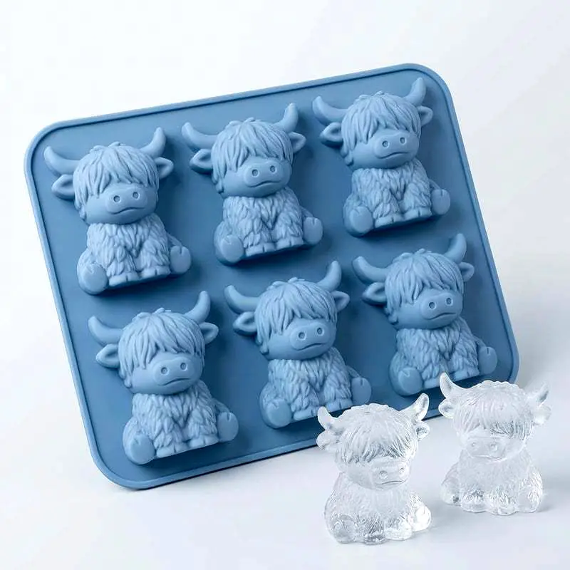 Mini Highland Cow Silicone Ice Cube Mold, 6 Cavity Cute Highland Cow Ice Tray, Reusable 3D Animal Ice Maker Molds for Cocktails, Whiskey, Chocolate, Candy, Jelly, Baking