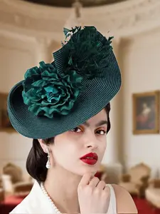 Elegant Round Hat Wide Brim Tea Party Valentine's Day Hat with Feather Decoration, Decorative Headpiece, Multiple Colors Available