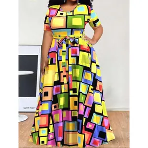 ��Plus Size�� All Over Print Belted Dress, Casual Denim-Effect Printed Round Neck Dress for Spring & Fall, Women's Clothes for Daily Wear