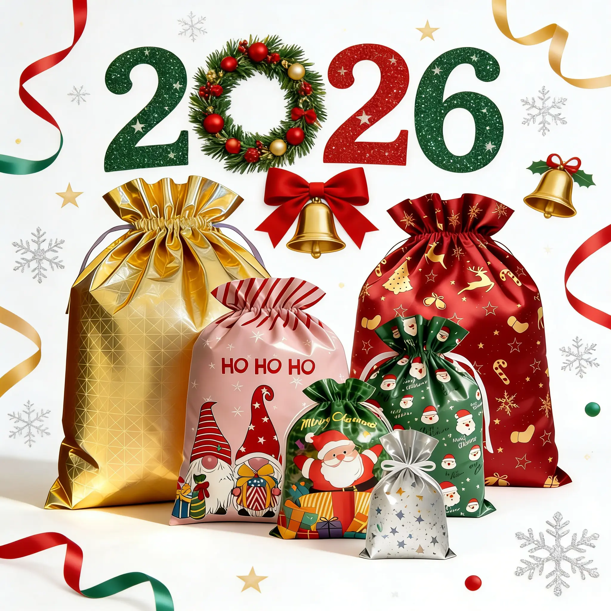 2026 New 54PCS Christmas Gift Bags with Drawstring & Ribbon Ties, 6 Sizes & 18 Assorted Designs, Reusable Foil Holiday Gift Wrapping Bags for Xmas Presents, Candy, Treats, Party Favors, Stocking Stuffers, Christmas Party Supplies & Goody Bags