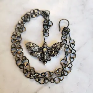 Mothlight Talisman Necklace | Death Head Moth Pendant on Oxidized Iron Chain | Handmade Gothic Jewelry