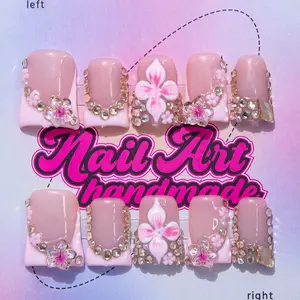 10pcs Handmade Y2K Nails Duckbill Press On Nails Set, Nail Art - Pink And Yellow French Style, 3D Handmade Flowers, Hand Drawn Pink Flowers, Sparkling Rhinestone & Golden Butterfly Accents - Suitable For Women And Gi