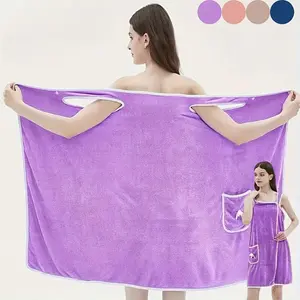 Modern Microfiber Wearable Bath Towel, Super Absorbent Quick-Dry Robe with Pocket, Space Theme Knit Fabric, Coral Fleece Sauna Skirt, No Fragrance