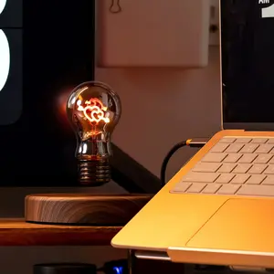 Magnetic Levitation Floating Light Bulb Lamp, 360 °   Rotating LED, Round Wood Grain Base, Light Luxury Desk Night Light Decor