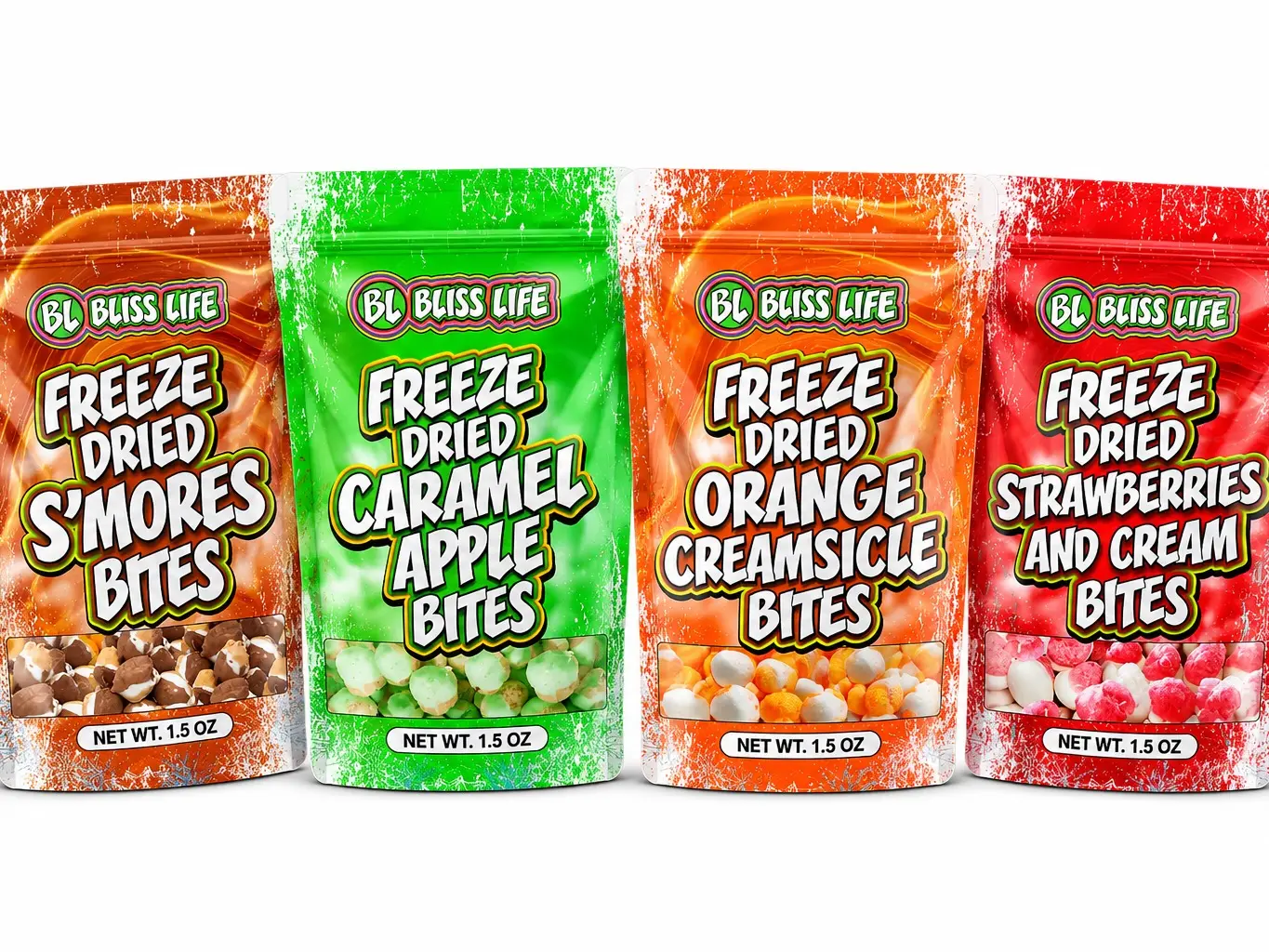 Cotton Candy Bites Sweet Sugar Candies 4-Pack Assorted Flavors - Orange Creamsicle, Strawberries & Cream, Caramel, S’mores - 1.5oz Resealable Light Texture Bags
