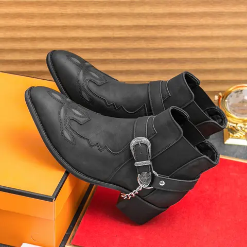 Men's Western Embroidered Leather Chunky Heel Ankle Boots - Casual Party Footwear, Classic Studs, Retro Style, Flexible Slip-Resistant Square Toe, Durable All-Seasons Walking Shoes, Black, Father's Day Gift Option