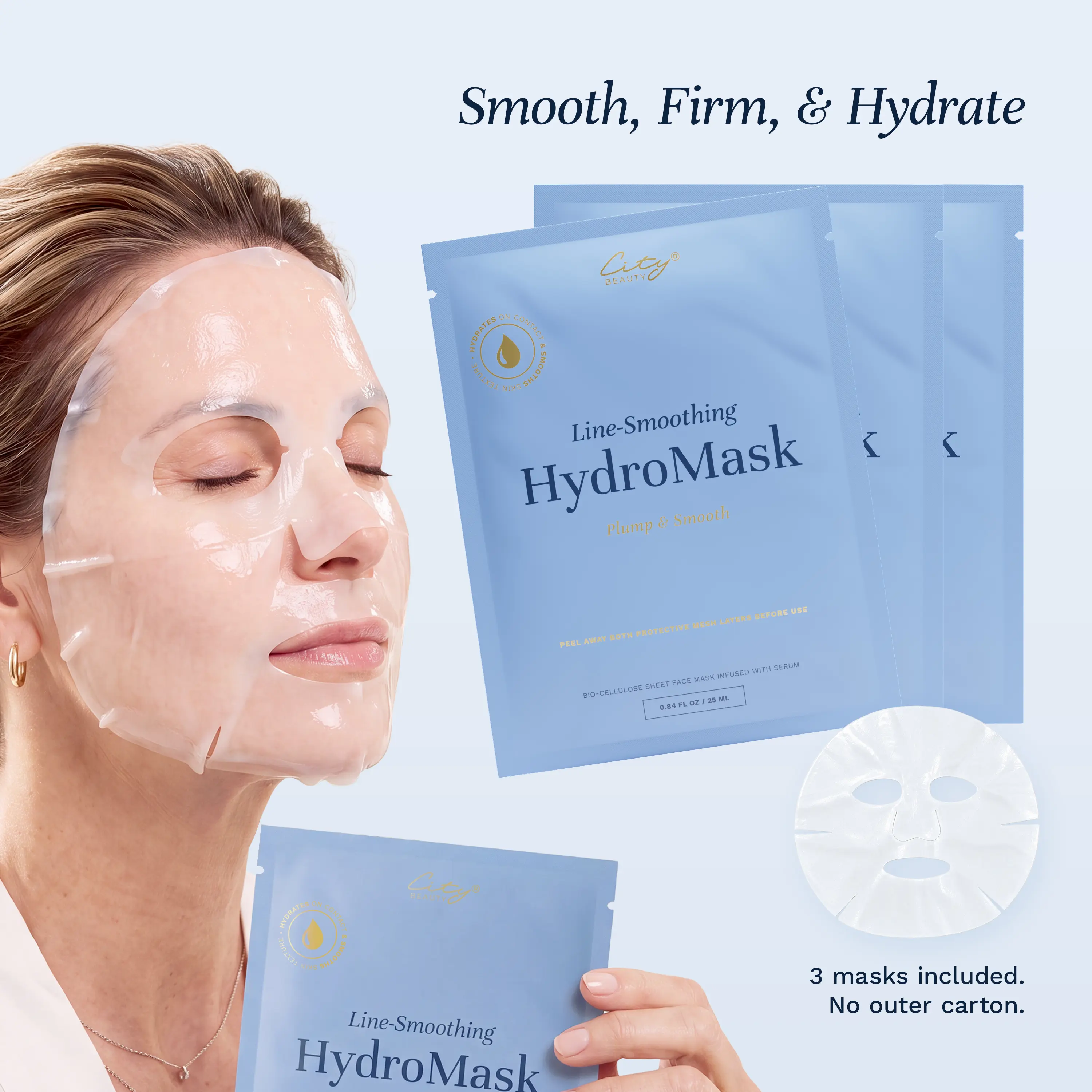 City Beauty Line-Smoothing HydroMask – 3 Individually Sealed Bio-Cellulose Face Masks | Bio-Cellulose Sheet Mask for Fine Lines, Wrinkles & Dry Skin | Hydrating Facial Mask with Peptides, Hyaluronic Acid & Antioxidants for Smoother, Plumper-Looking Skin