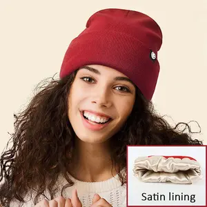 Womens Winter Warm Satin Lined Knit Beanie Hat Slouchy Skull Caps Silk Lining Ski Hats for Women Men