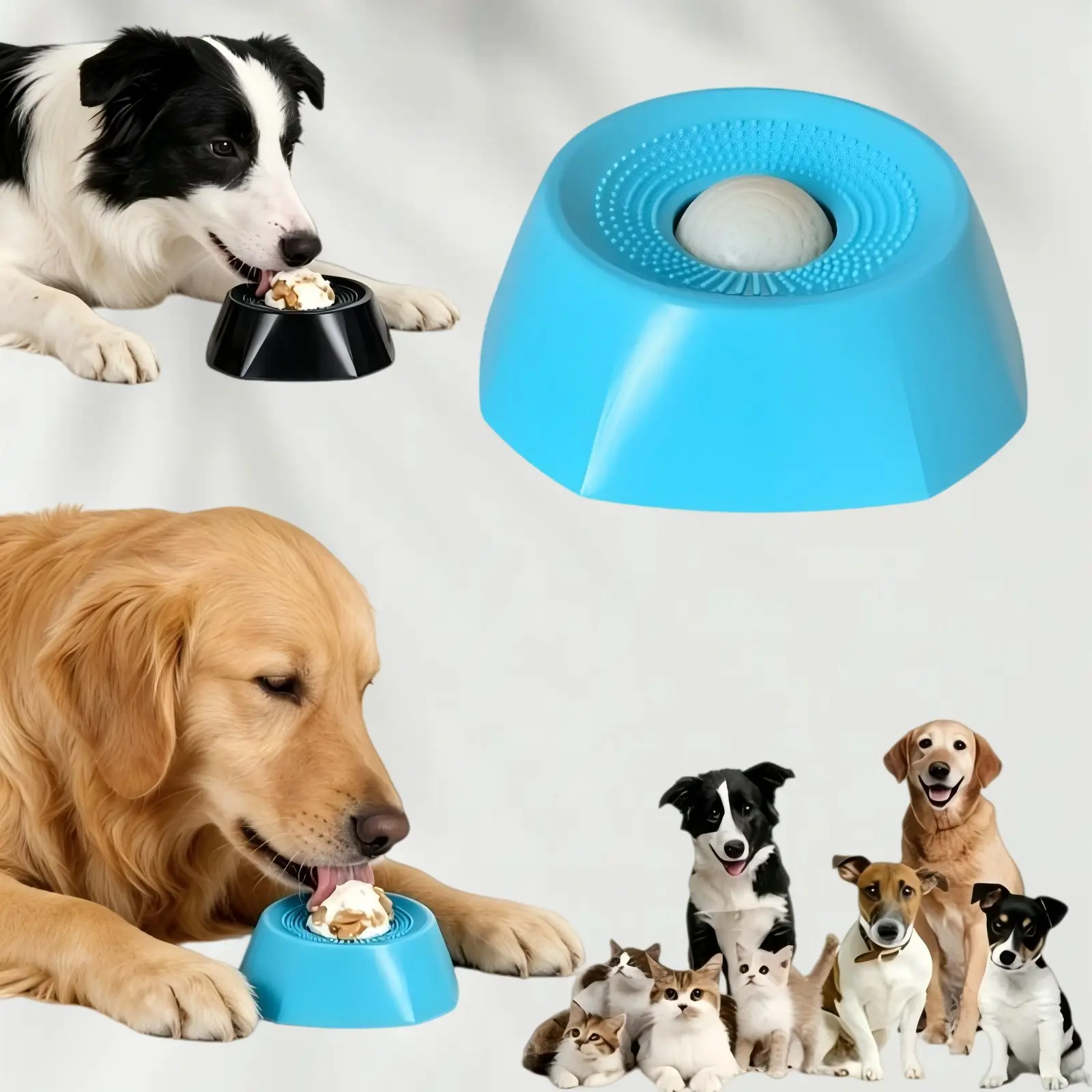 Dog & Cat Slow Feeder Non-Skid Bowls - Interactive Puzzle Toy with Rolling Ball, Licking Mat, Non-Slip Base - Relieves Anxiety, Promotes Digestion, Cleans Tongue & Teeth, Easy-Clean Durable Liquid Treat Feeding Supplies, Rubber, Polypropylene