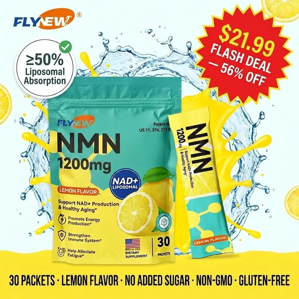 FLYNEW NMN 1200mg with Liposomal NAD+ Anti-Aging Drink Mix - 8 in 1 Formula, 30 Packets Lemon Flavor, Vegan Sugar Free