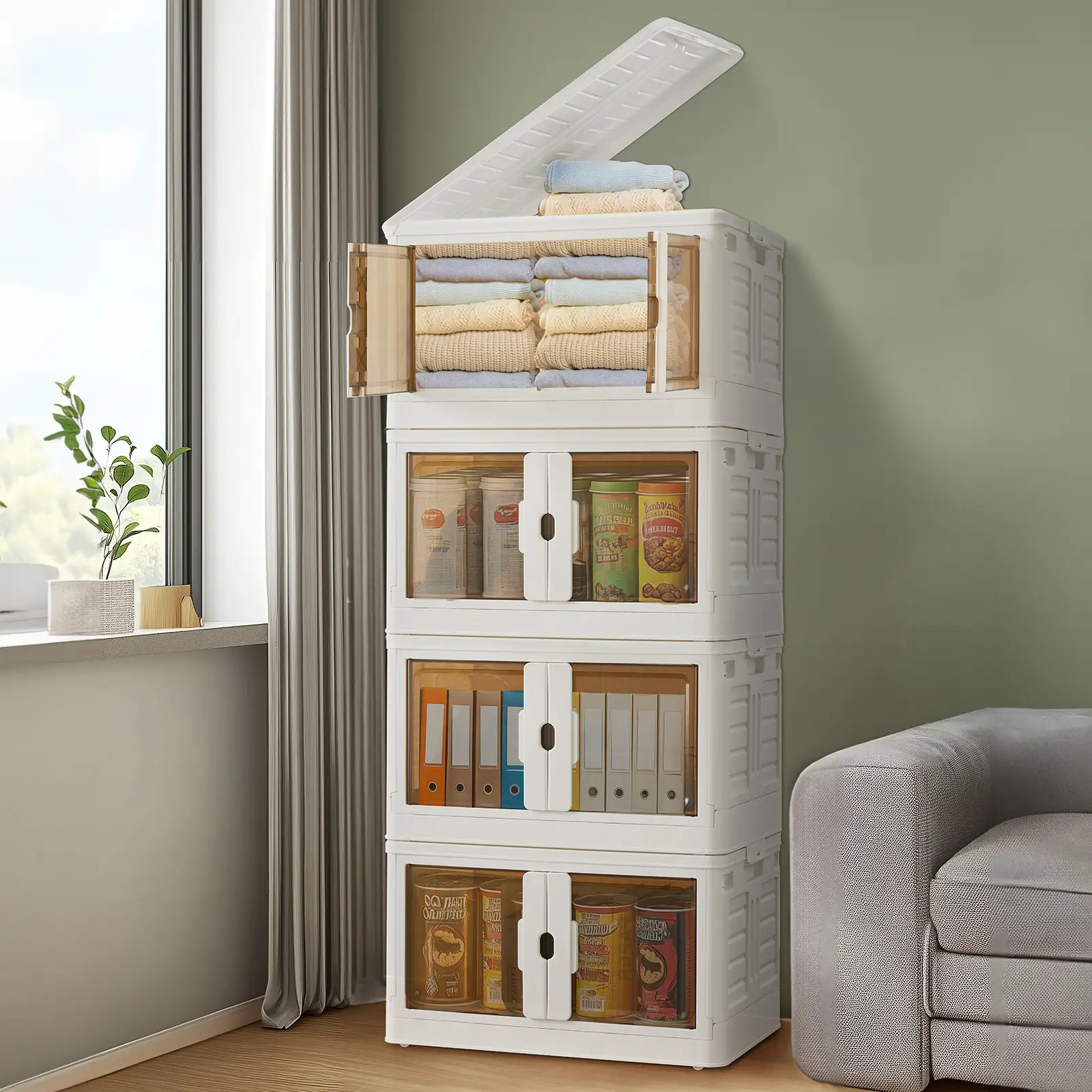 Stackable Storage Bins with Lids Portable and Lockable Organizer with Doors & Wheels Foldable Large Plastic Storage Boxes for Bedroom, Living Room