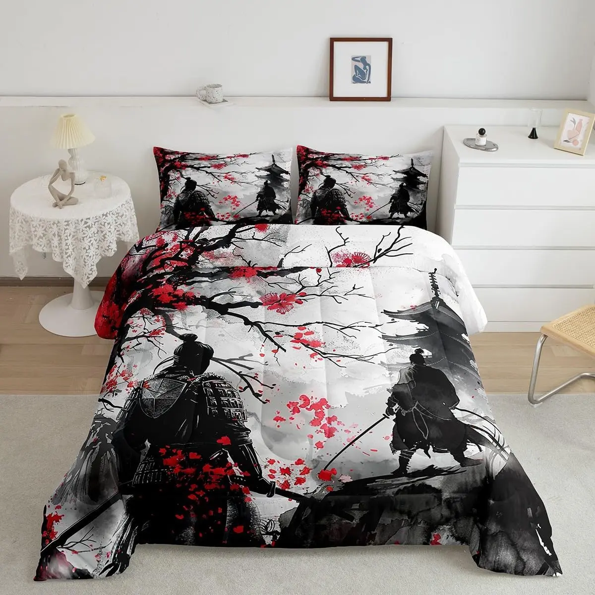 Feelyou Japanese Samurai Ukiyoe Cherry Blossoms Super Soft Duvet Set - Luxury Decorative Bedroom Bedding Set, Japanese-Style Designer Home Decor Comforter, Decorative Bedding Set