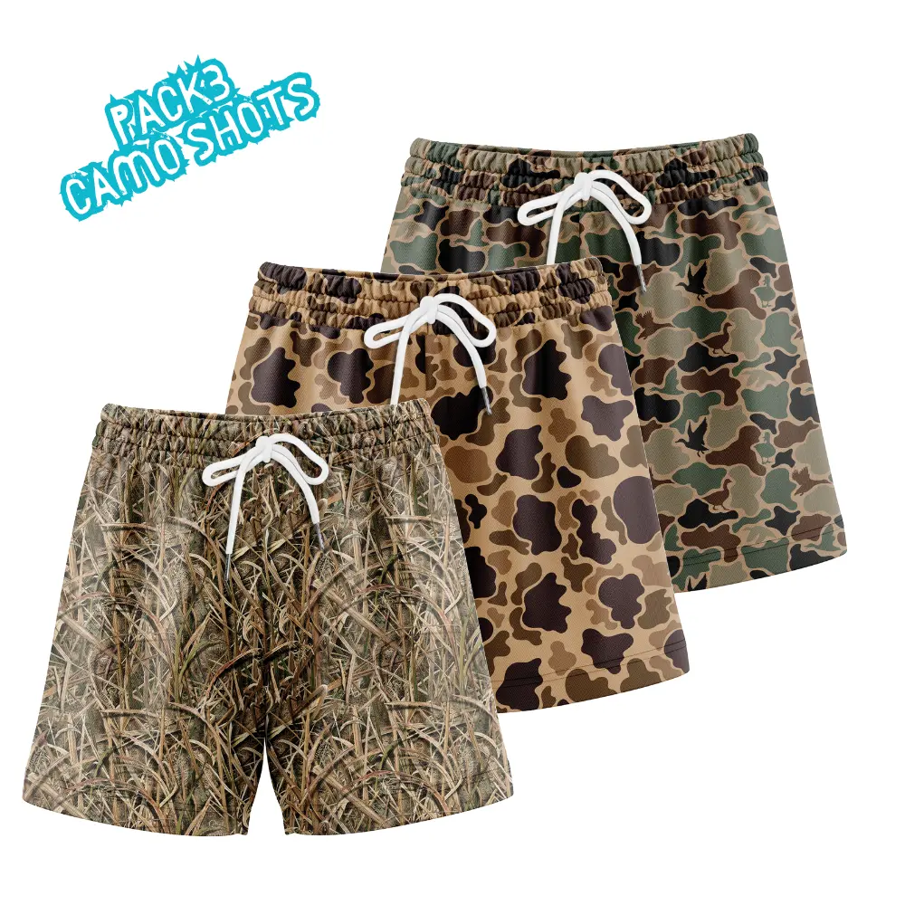 OPRINT Men's 3-Pack Fitted Duck Camo Athletic Shorts, 5-Inch Above The Knee, Quick Dry Fabric for Outdoor Hunting