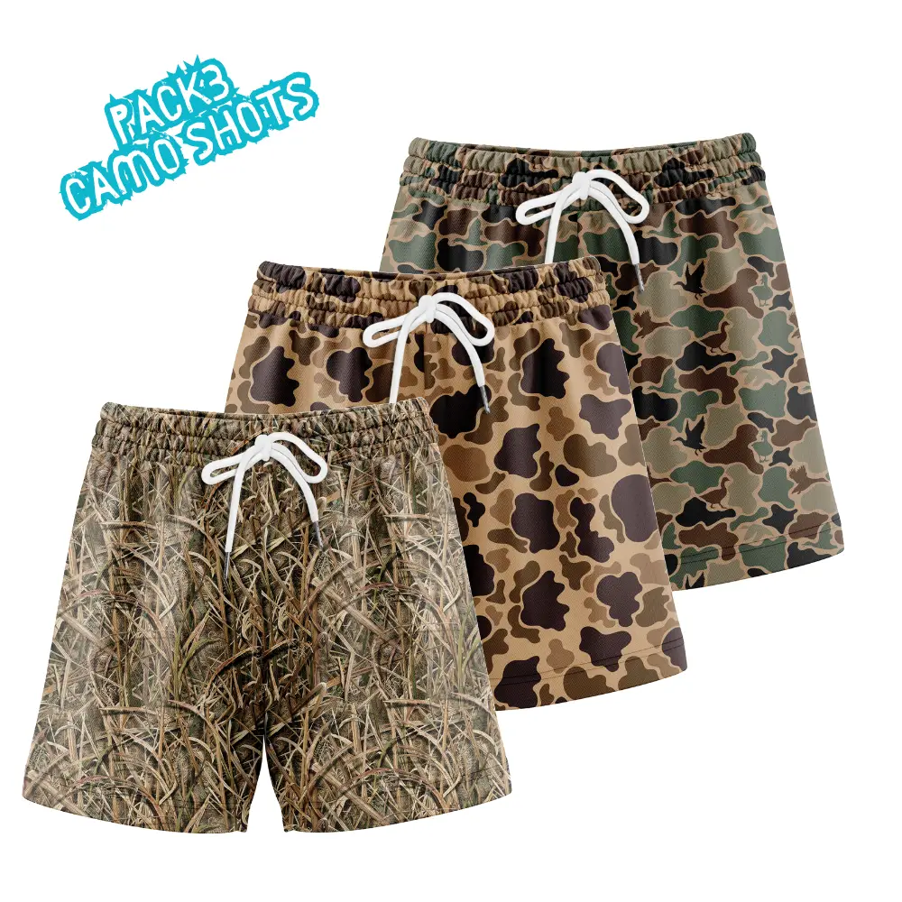 Pack 3 Duck Hunting Camo Mesh Shorts - Lightweight, Breathable, 5-Inch Inseam, Moisture-Wicking, Suitable for Men, Versatile Outdoor Wear- Fabric, Ath