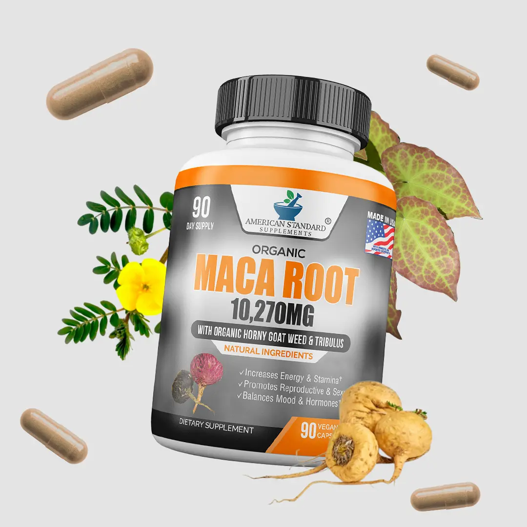 American Standard Supplements Maca Root Extract with Horny Goat Weed Extract, Tribulus Extract and Zinc Citrate, 90 Veggie Capsules, 90 Servings