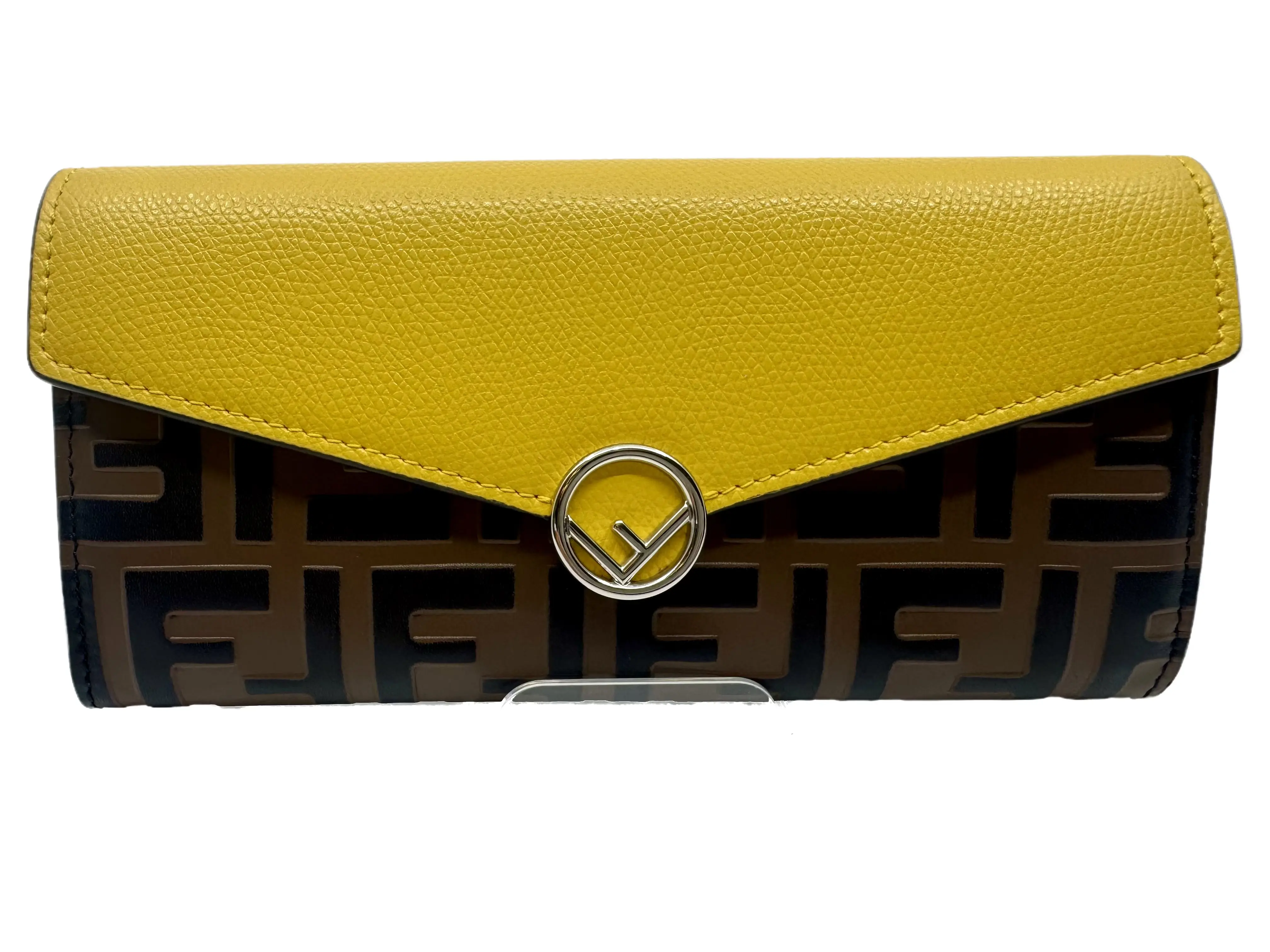 Pre-owned FENDI Calfskin Leather Small Leather Good Zucca Continental Brown/Yellow Envelope Wallet