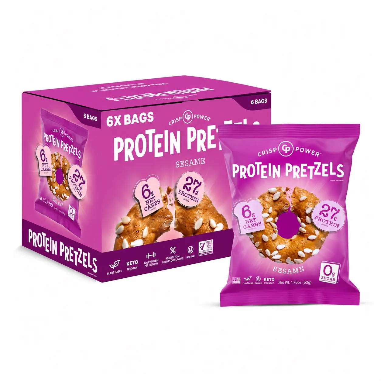 Crisp Power Crispy Crunchy Protein Pretzels - Sesame  Flavor Savory Snacks, 25g Protein, 300g Total, 6 Bags