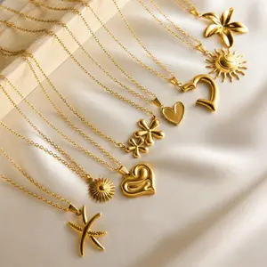 Stainless steel necklace plated with 18K gold, featuring flower, sun, heart, and geometric line pendants, clavicle chain jewelry elegant simple style