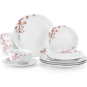 Porcelain Dinnerware Sets for 4, 12 count Plates and Bowls Set with  Floral, Kitchen Dishes Set Dining Ware for Family, Microwave and Dishwasher Safe, Series ANNIE