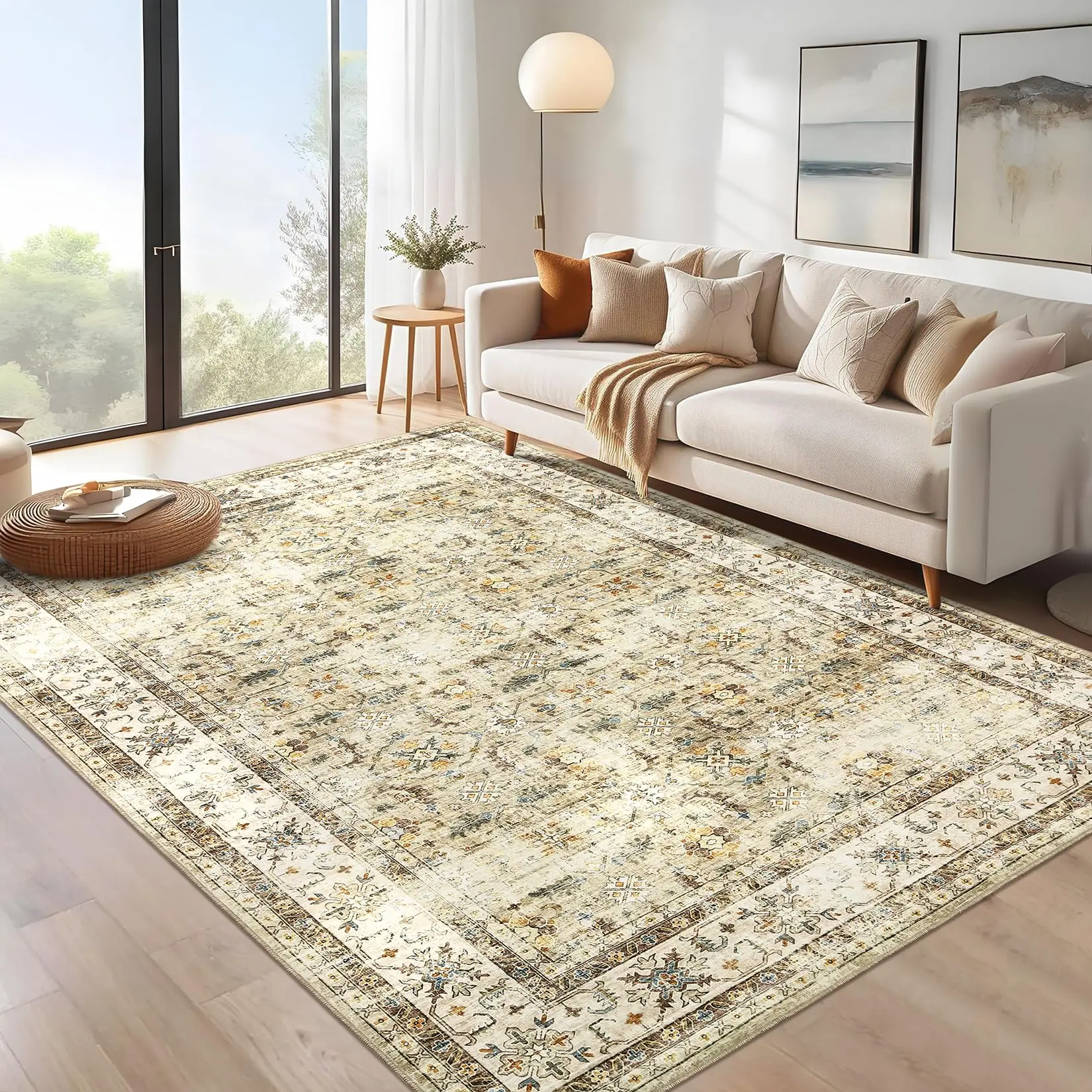 GARVEE Washable 10x13 Large Vintage Rug - Non-Slip, Soft Low Pile Oriental Style Carpet, Foldable Thin Rug for Living Room, Bedroom, Dining Room, Farmhouse, Home Office, Nursery in Beige