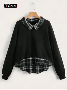 Women's Fall & Winter Knitwear, Patchwork Design Long Sleeve Top, Knitted Top, Knit Tops, Vintage Style Two-Piece Look, Perfect for Casual Wear